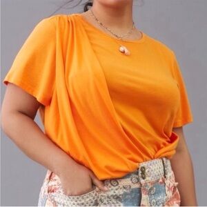 NWT Anthropologie Vibrant Orange Draped Cotton and Modal Blend Tee